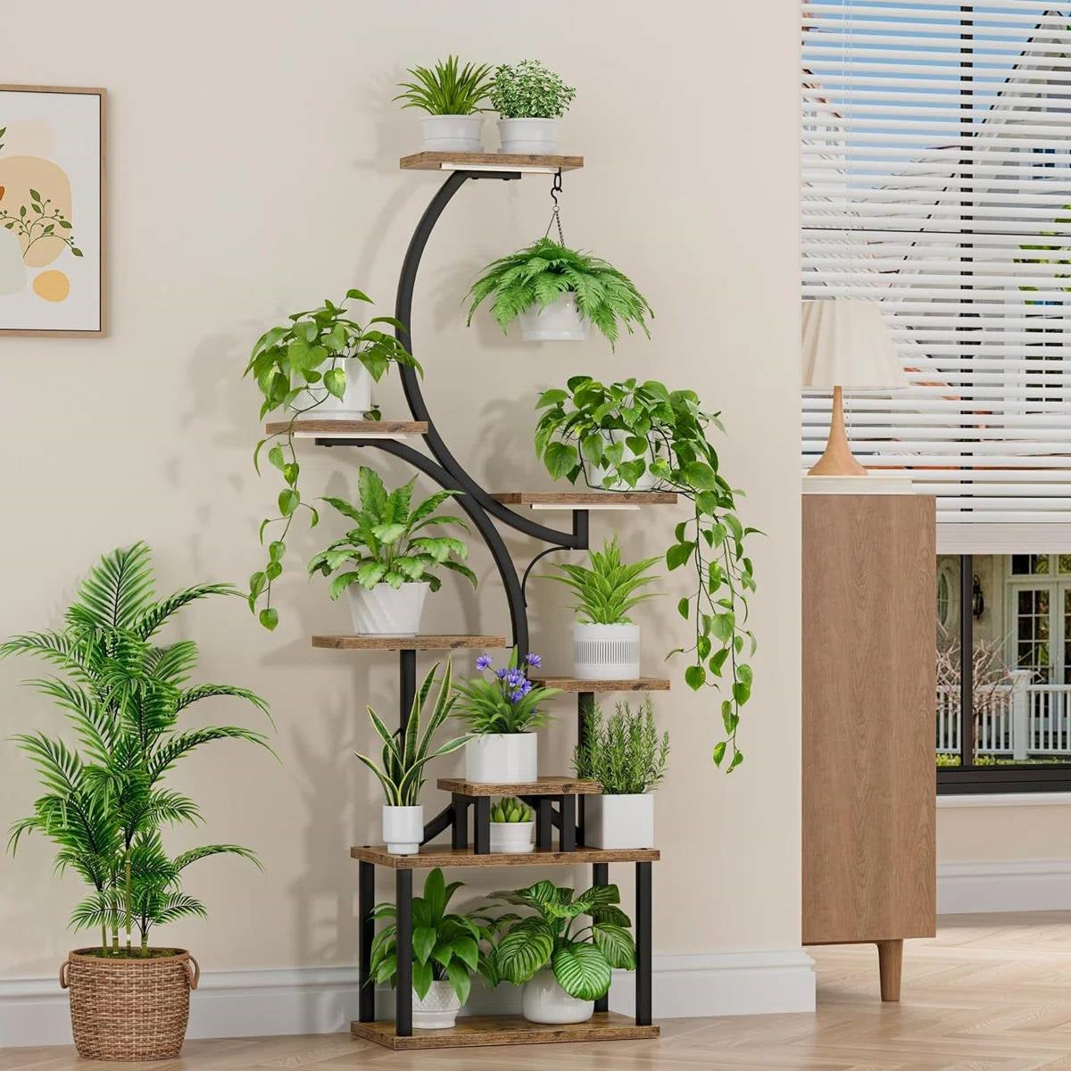 Indoor Plant Stand with Black Metal Frame and Wood Finish Shelves