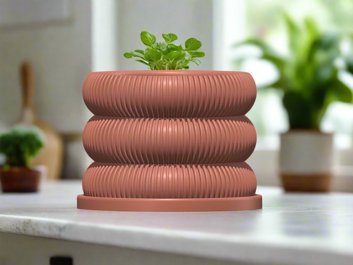 Ribbed Bubble Plant Pot With Drainage and Saucer